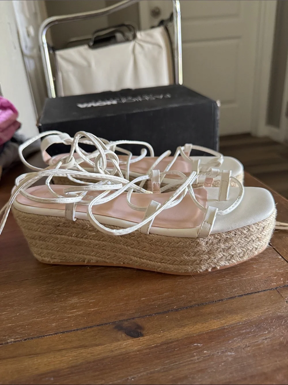 Fashion Nova White Lace-Up Espadrille Platform Sandals